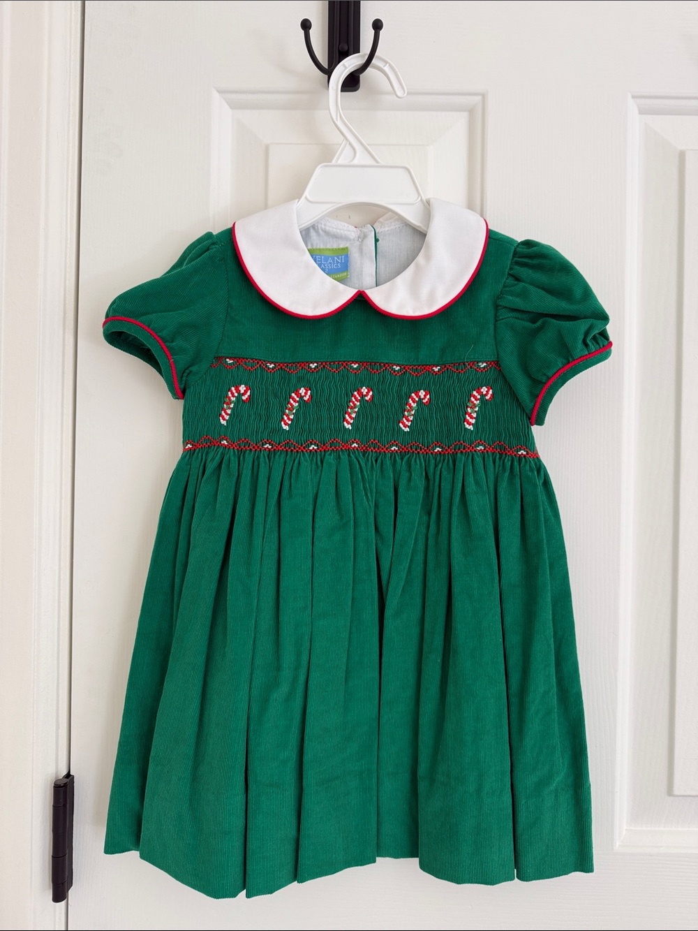 Velani Green Velvet Candy Cane Smocked Toddler Girl Christmas Dress - 2T